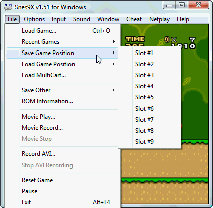 Меню программы Snes9X for Windows